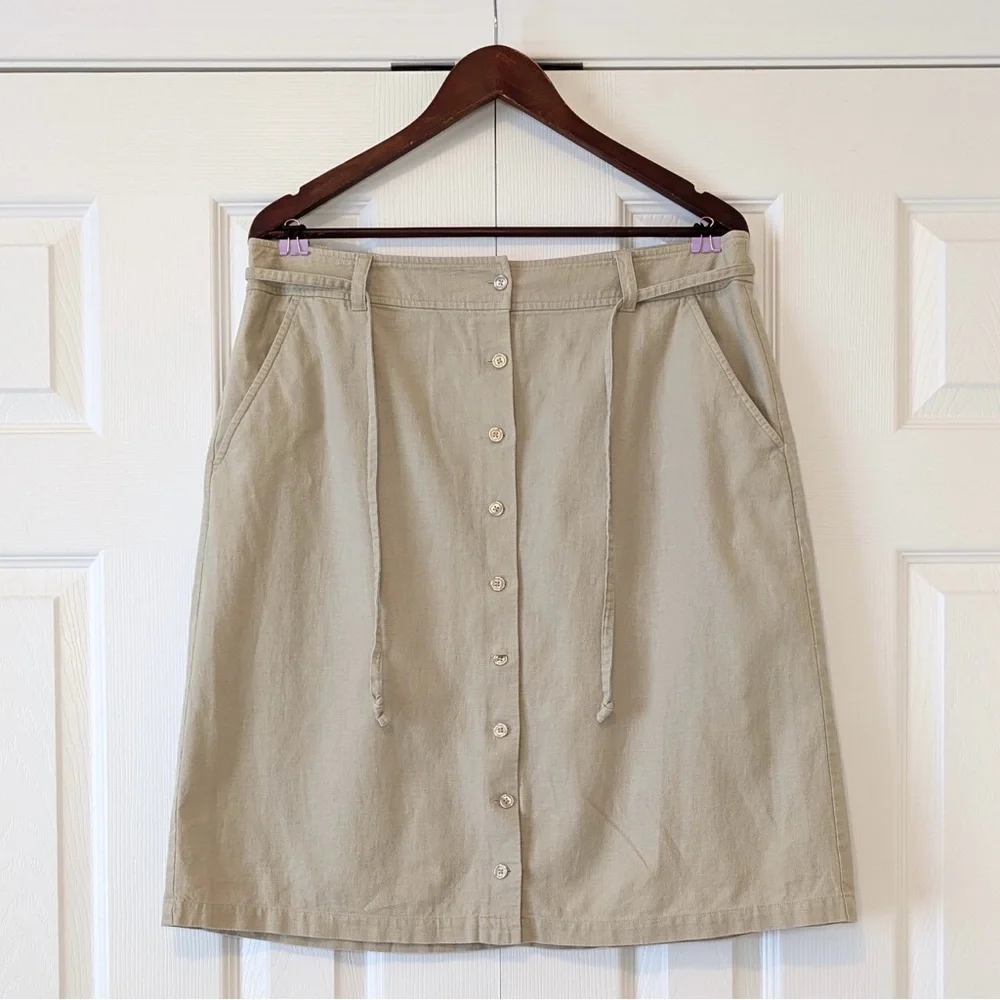 Eddie Bauer Linen & Cotton Size 14 Vintage Button Up A Line Tan Safari Skirt - Picture 2 of 14